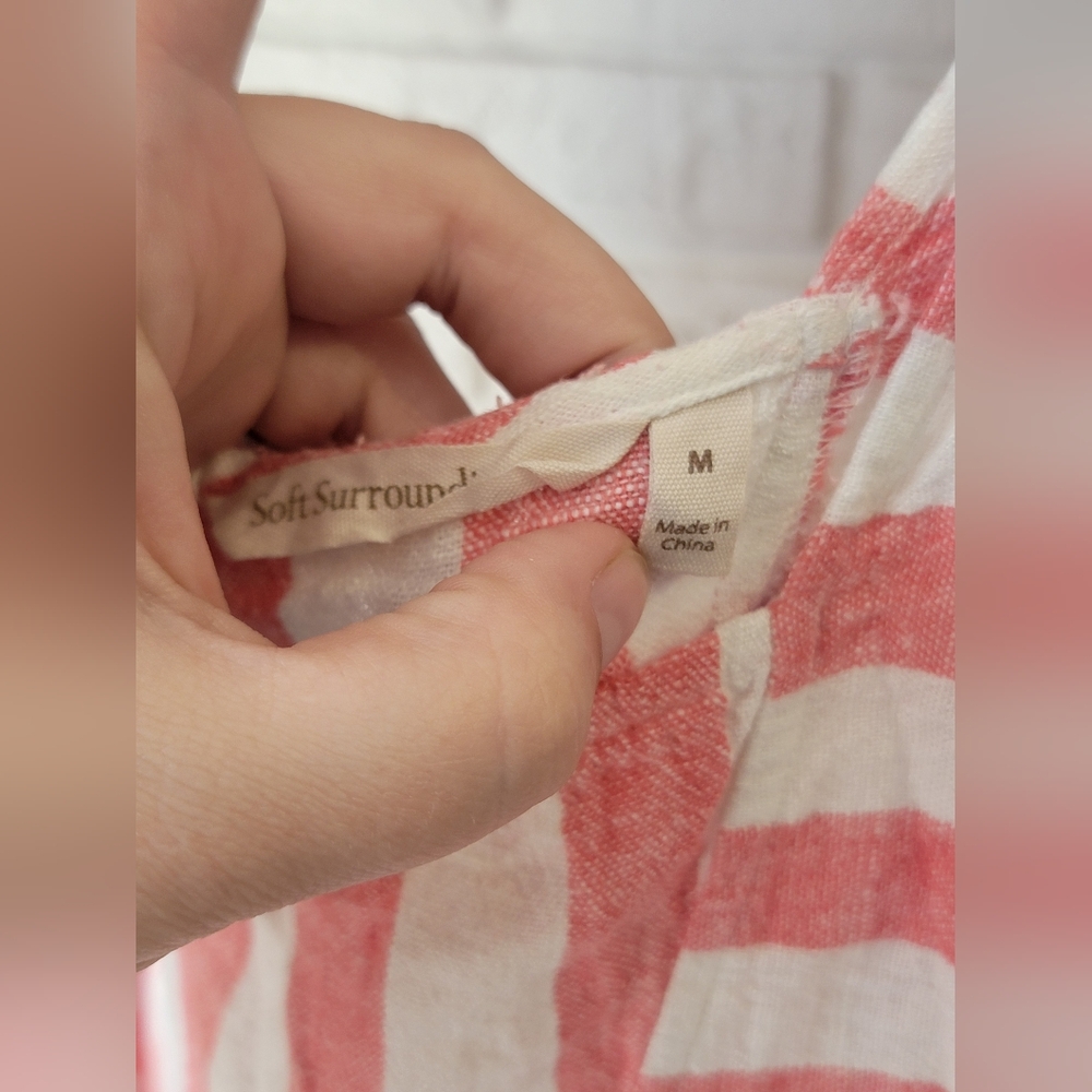 Soft Surroundings Top M Striped Sunset Tunic Red/White Cold Shoulder Linen Blend - Picture 2 of 6